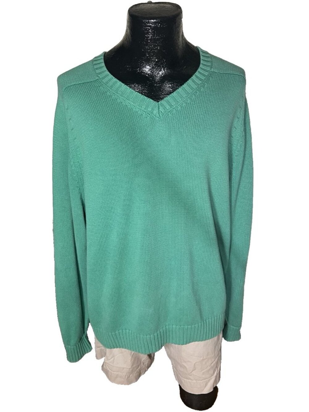 Vintage Lands' End Mens XL Green V-Neck Pullover Sweater Made in Japan Faded